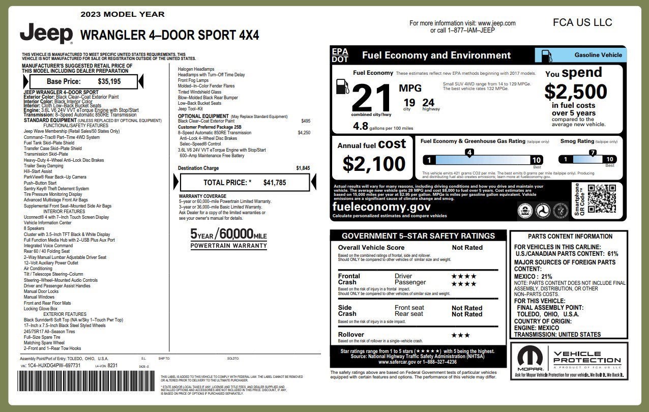 2023 Jeep Wrangler SPORT 4 DOOR 4X4