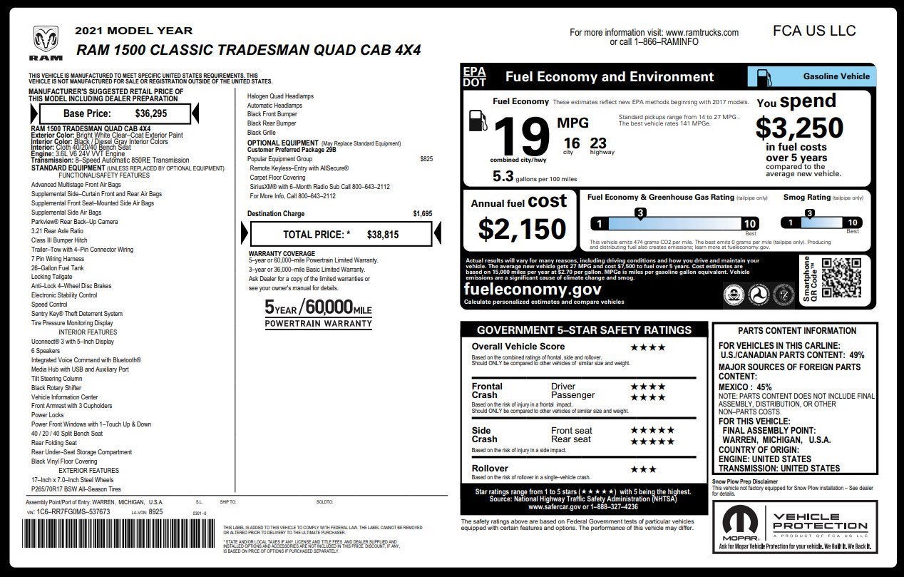 2021 RAM 1500 Classic TRADESMAN 4X4 QUAD CAB 6'