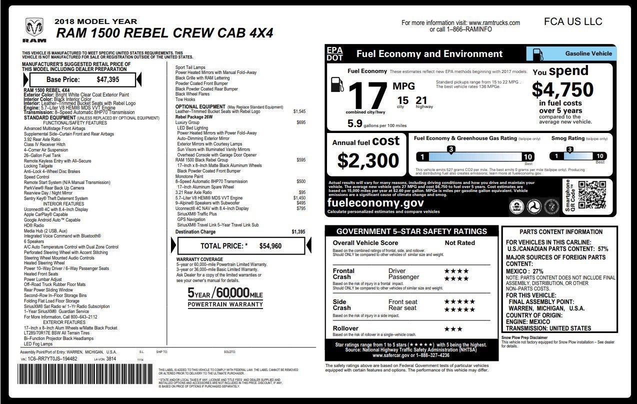 2018 RAM 1500 REBEL 4X4 CREW CAB 5'7 B
