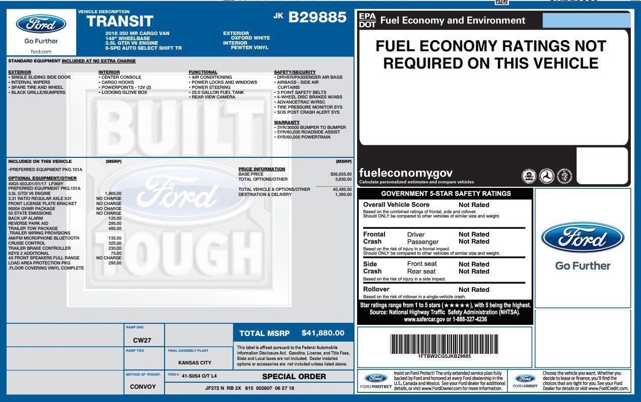 2018 Ford Transit Van T-350 148" Med Rf 9500 GVWR Sliding RH Dr