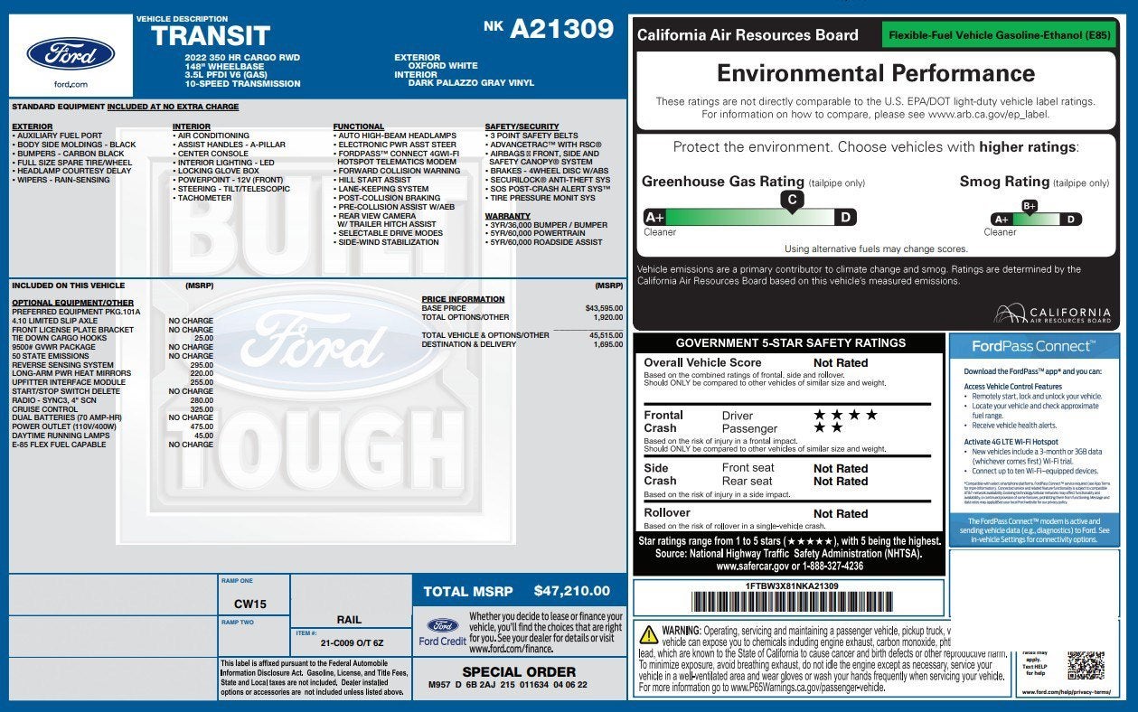 2022 Ford Transit Cargo Van T-350 148 EL HI RF 9500
