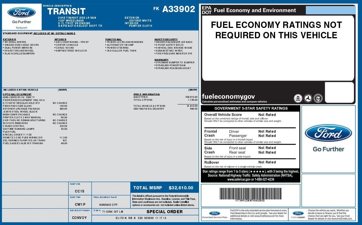 2015 Ford Transit Cargo Van T-250 130" Low Rf 9000 GVWR Swing-Out RH Dr