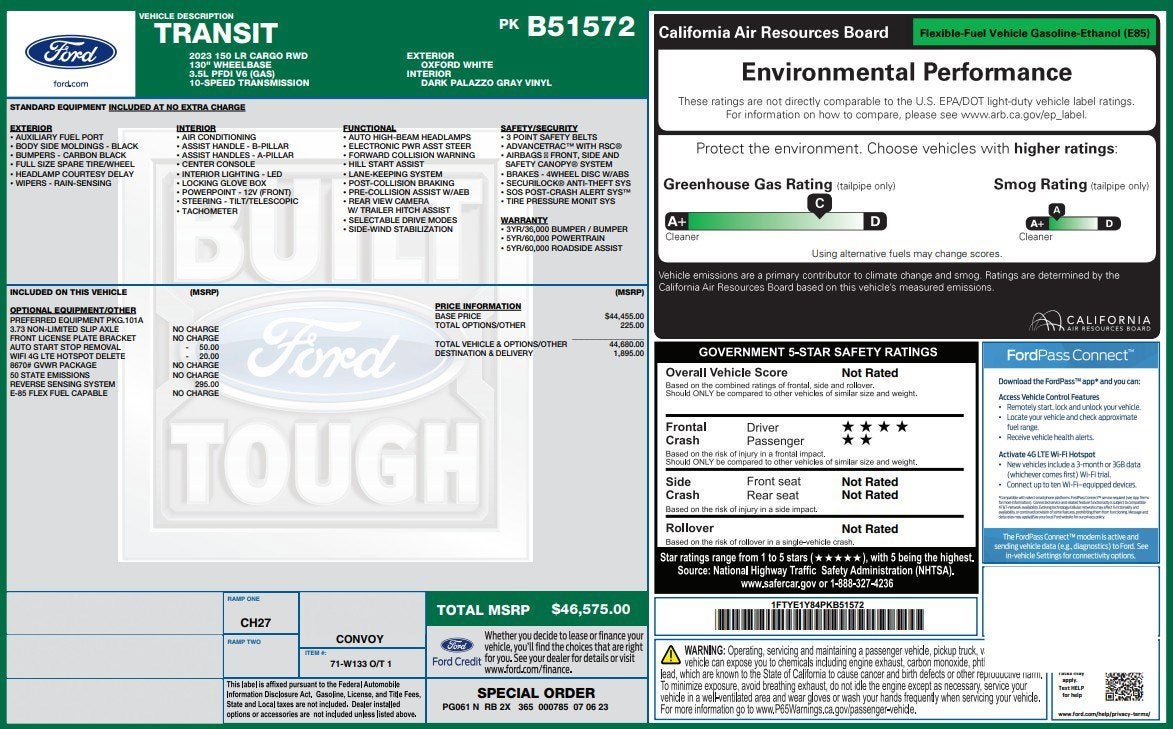 2023 Ford Transit Cargo Van T-150 130" Low Rf 8670 GVWR RWD