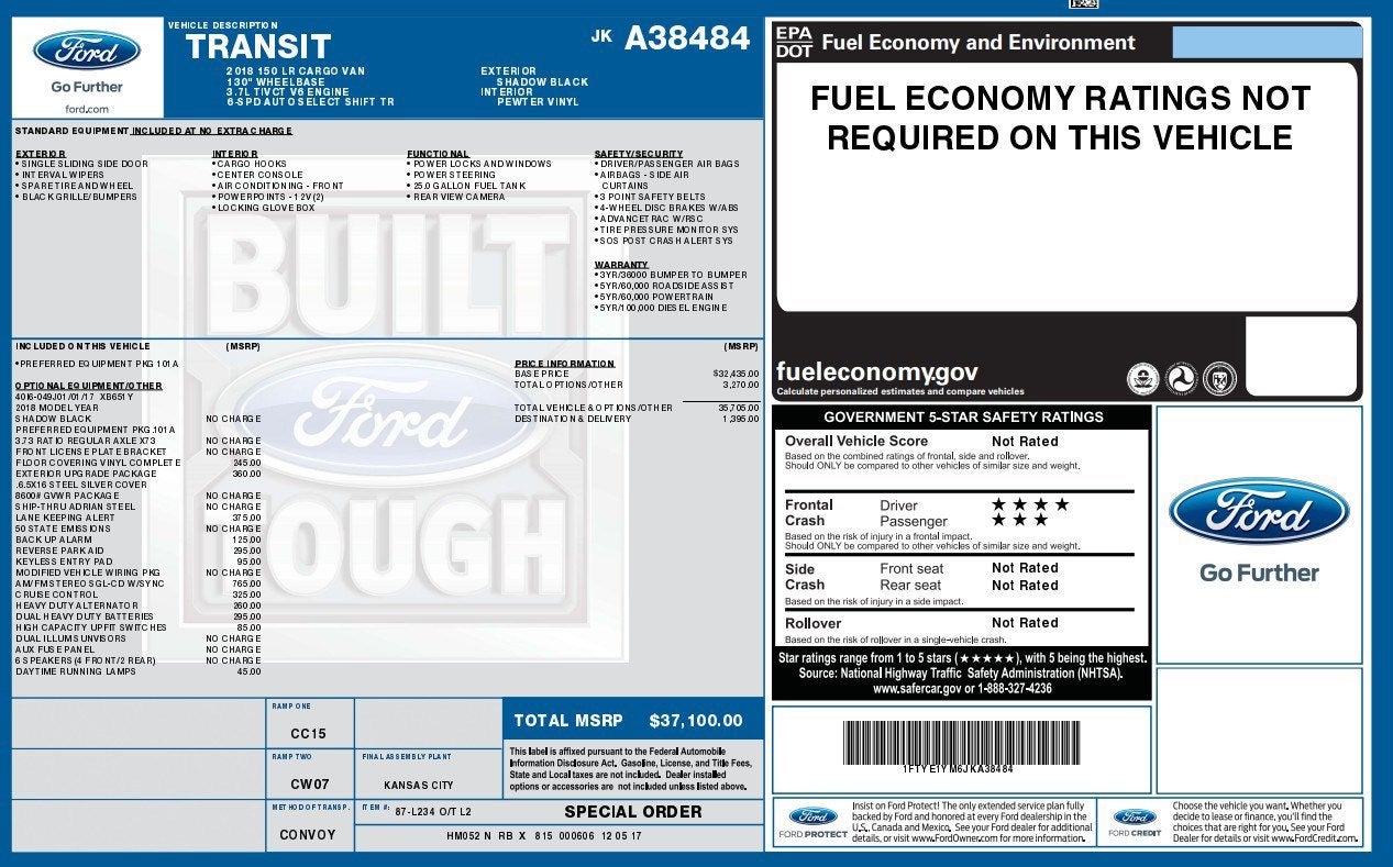 2018 Ford Transit Van T-150 130" Low Rf 8600 GVWR Sliding RH Dr