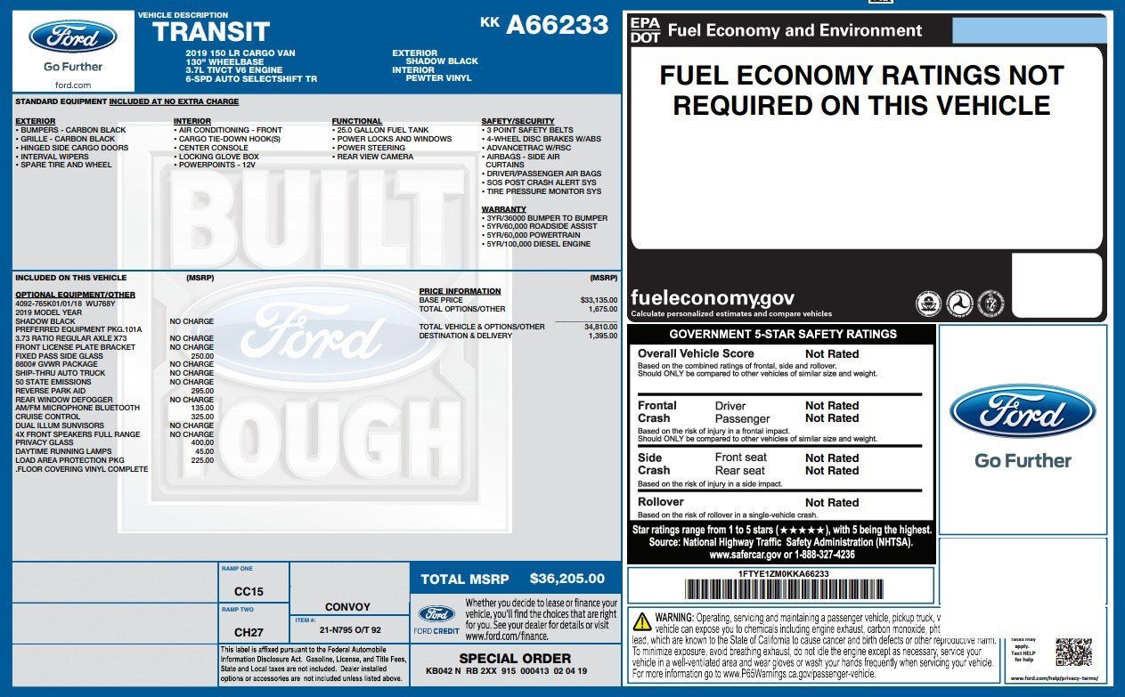 2019 Ford Transit Van T-150 130" Low Rf 8600 GVWR Swing-Out RH Dr
