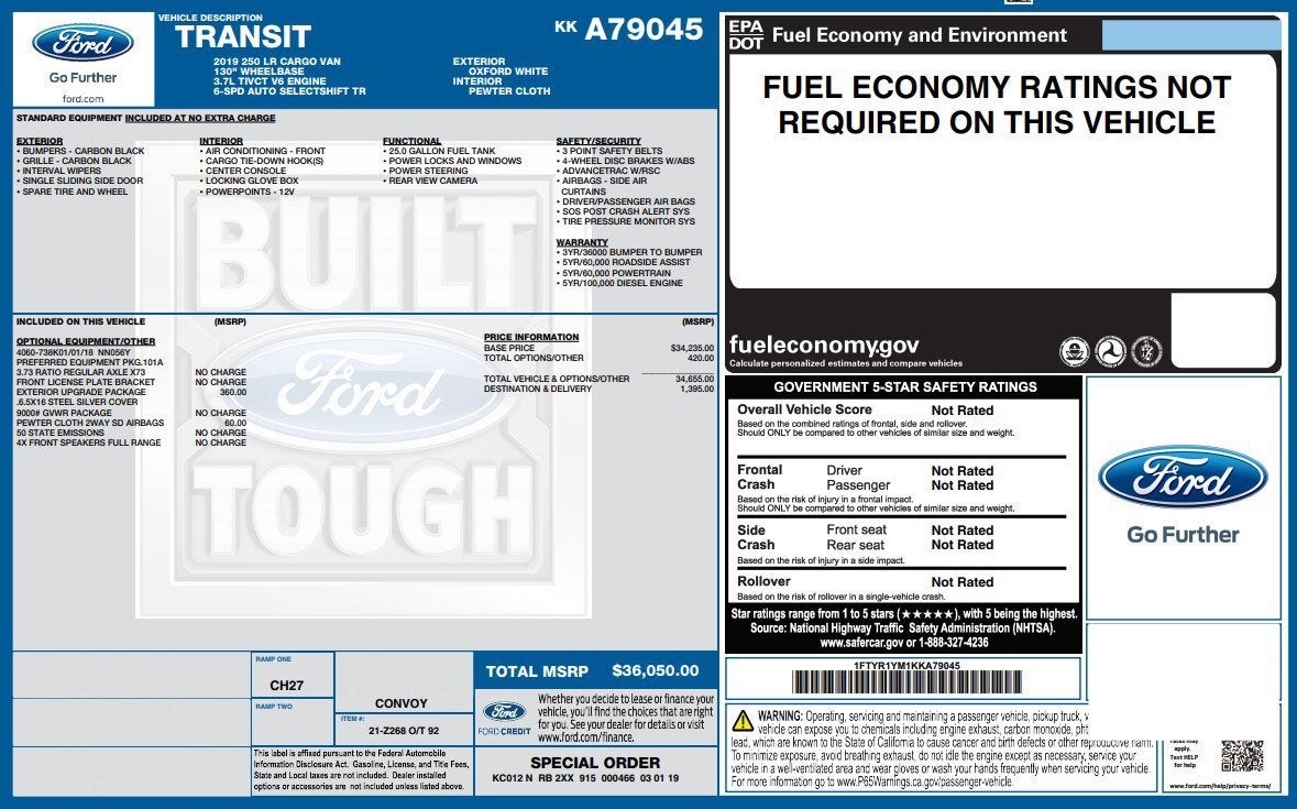 2019 Ford Transit Van T-250 130" Low Rf 9000 GVWR Sliding RH Dr