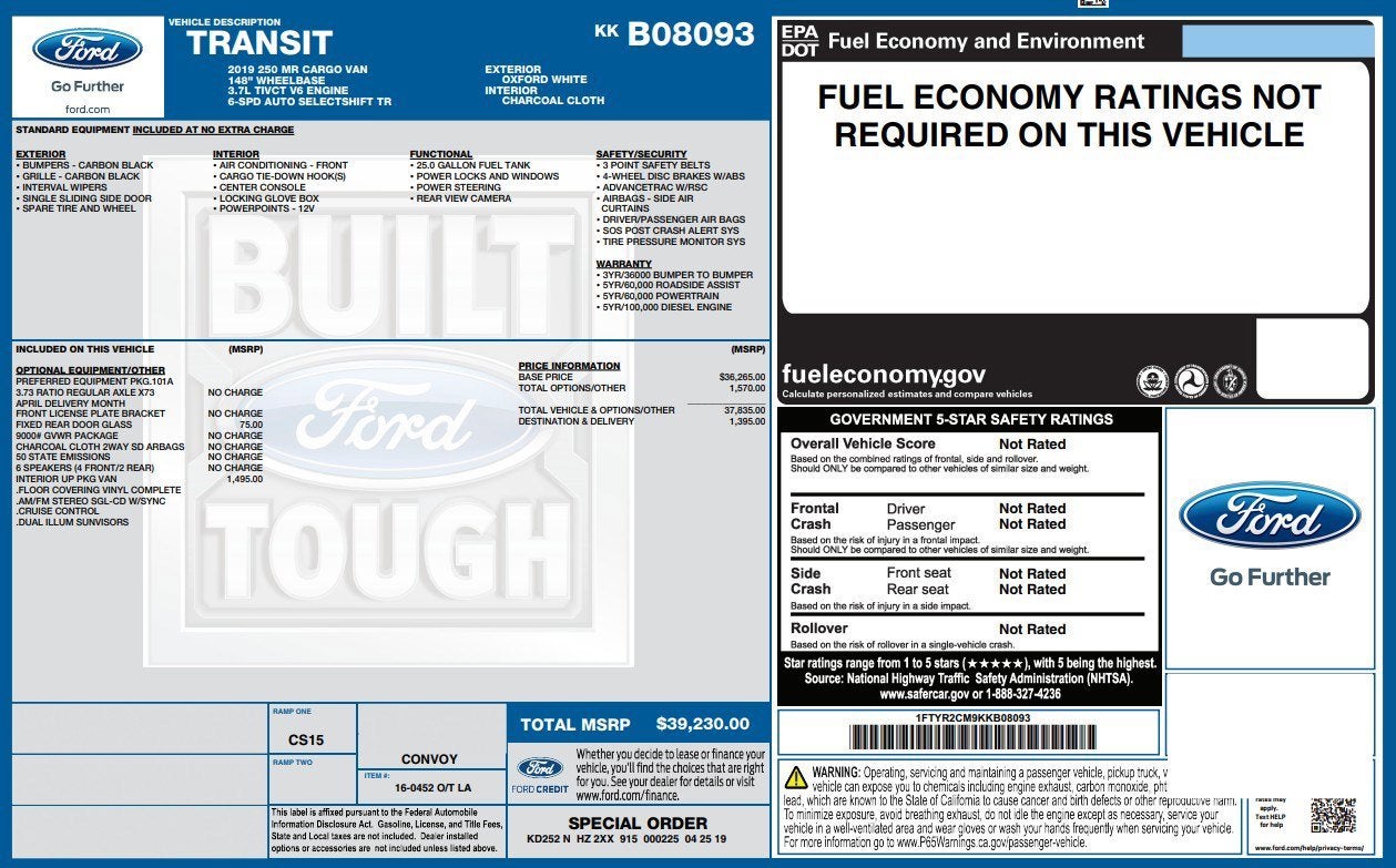 2019 Ford Transit Van T-250 148" Med Rf 9000 GVWR Sliding RH Dr