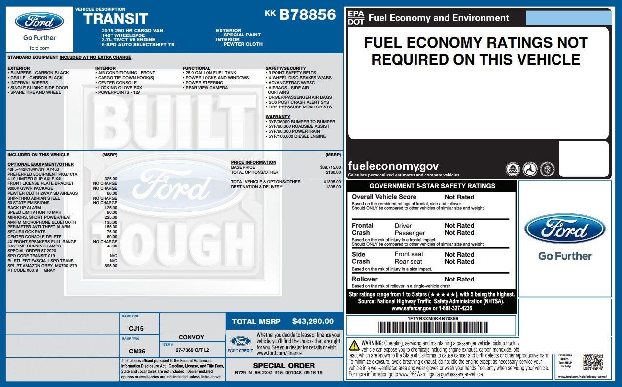 2019 Ford Transit Van T-250 148 EL HI RF 9000
