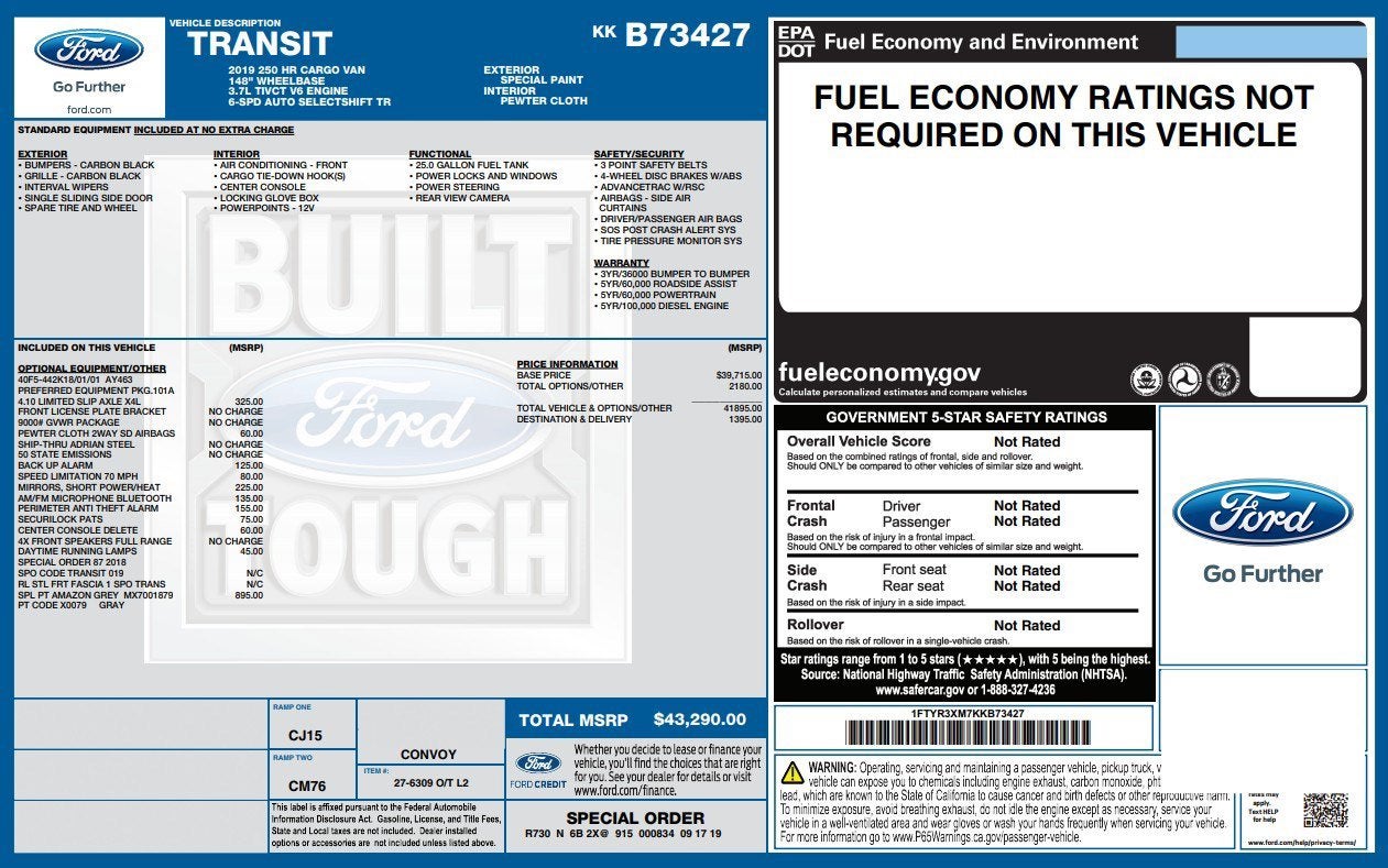 2019 Ford Transit Van T-250 148" EL Hi Rf 9000 GVWR Sliding RH Dr
