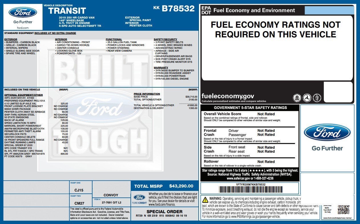 2019 Ford Transit Van T-250 148 EL HI RF 9000