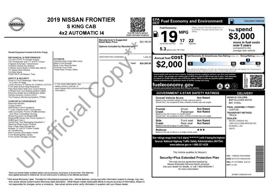 2019 Nissan Frontier KING CAB 4X2 S AUTO