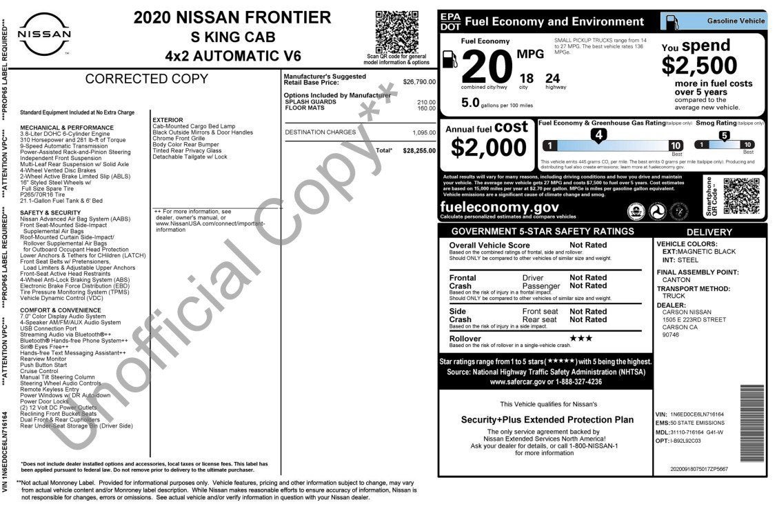 2020 Nissan Frontier S EXTENDED CAB LONG BED