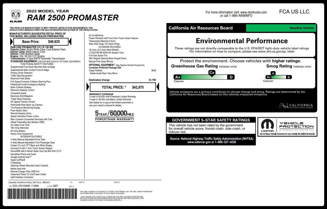 2022 RAM ProMaster Cargo Van 2500 Low Roof 136" WB