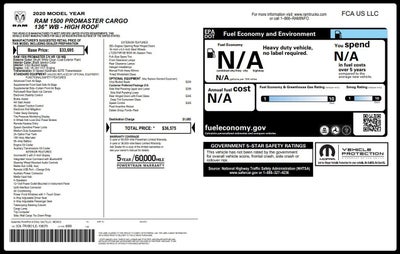 2020 RAM ProMaster Cargo Van 1500 High Roof 136" WB