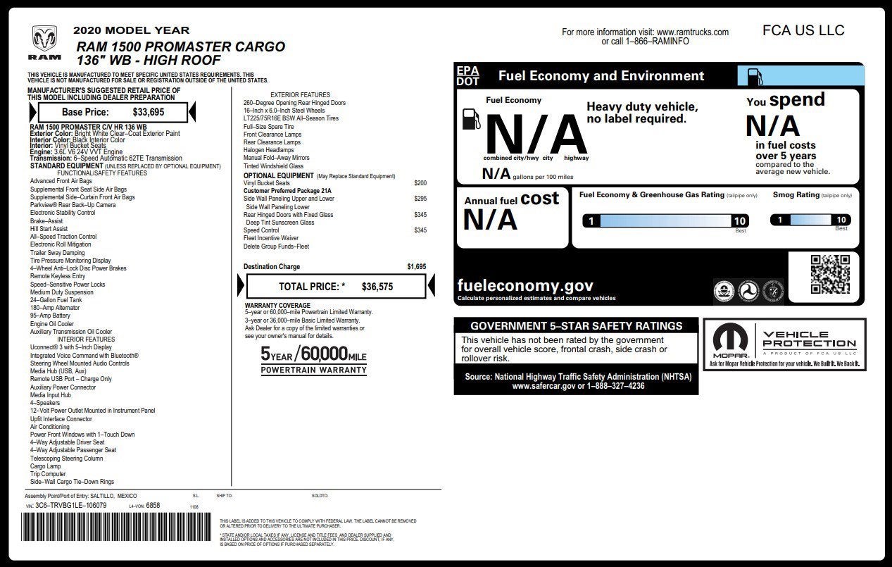 2020 RAM ProMaster Cargo Van 1500 High Roof 136" WB