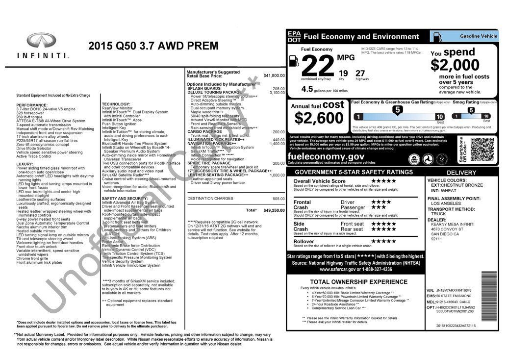 2015 INFINITI Q50 4DR SDN PREMIUM AWD
